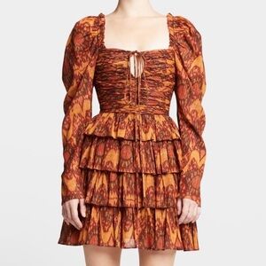House of Harlow 1960 Tiered Brown Gold Print Long Sleeves Mini Dress Size Medium